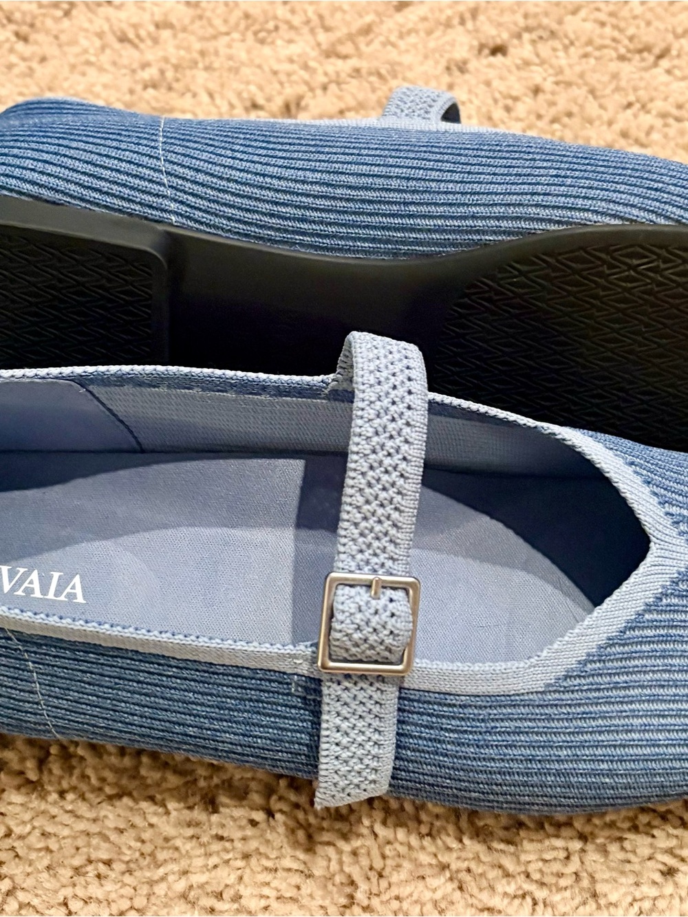 VIVA Light Blue Knit Mary Jane Flat with Buckle Strap